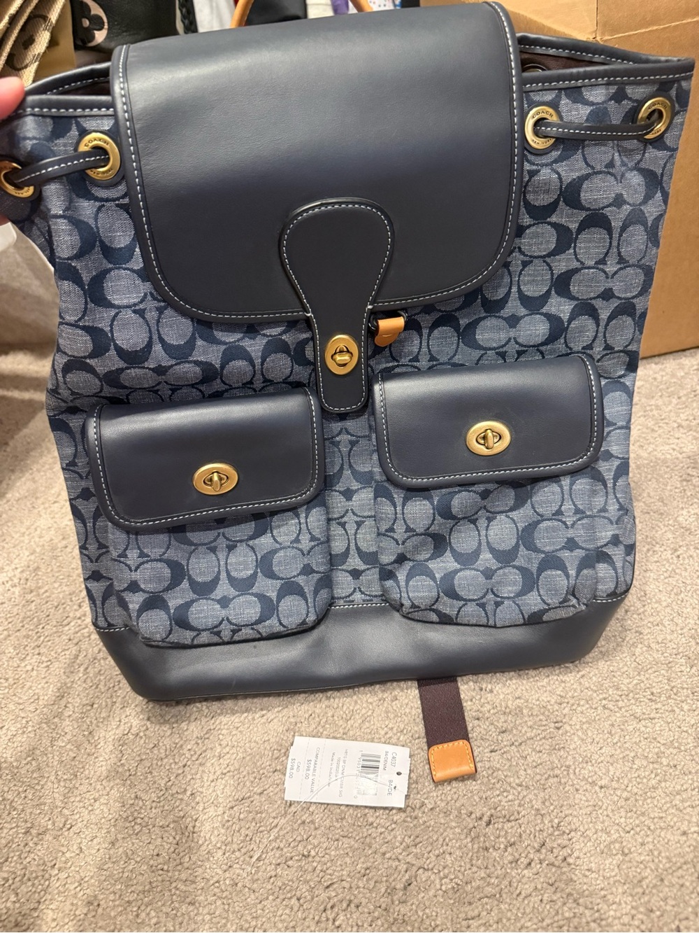 NWOT Coach Blue Signature Denim Drawstring Backpack with Leather Trim